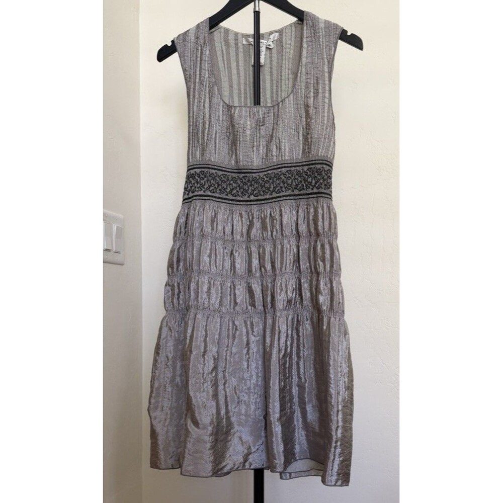 Max Studio Knee-length Festive Dress Crinkled Metallic Silver Smocked Waist